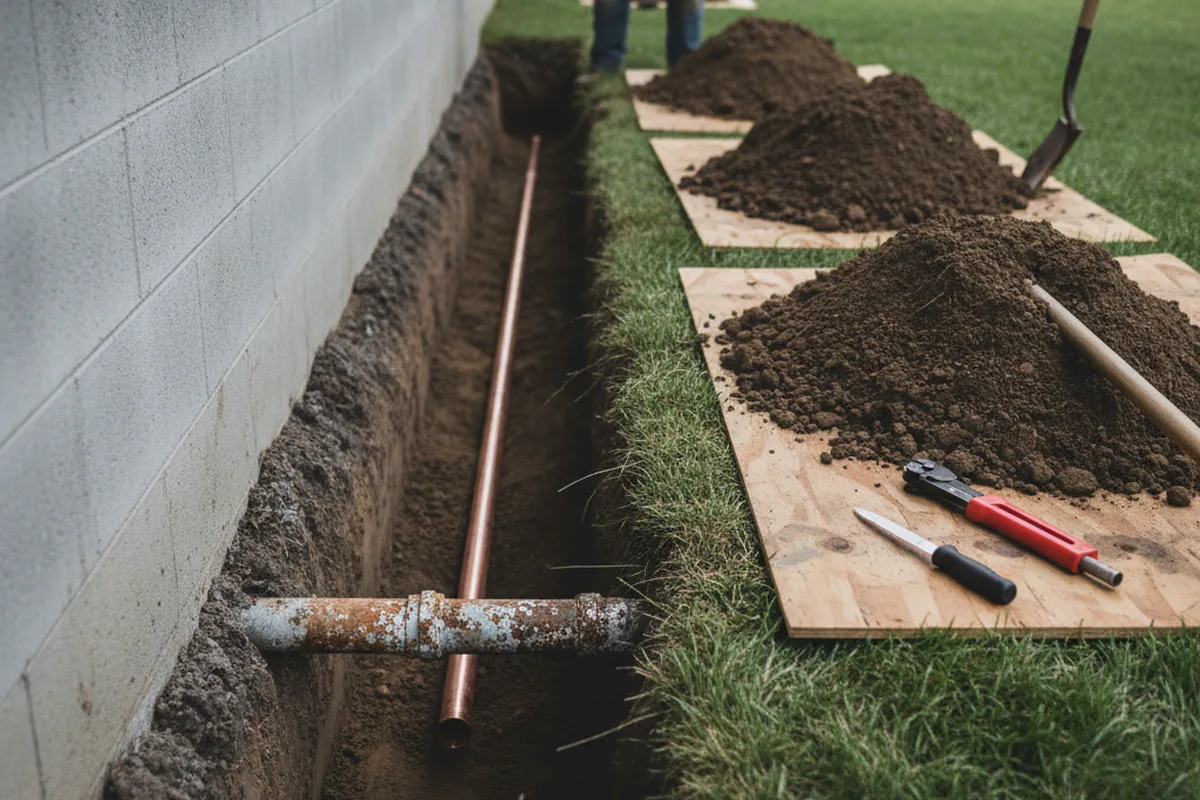 Excavated water line trench during Water Softener Installation in Hubbard